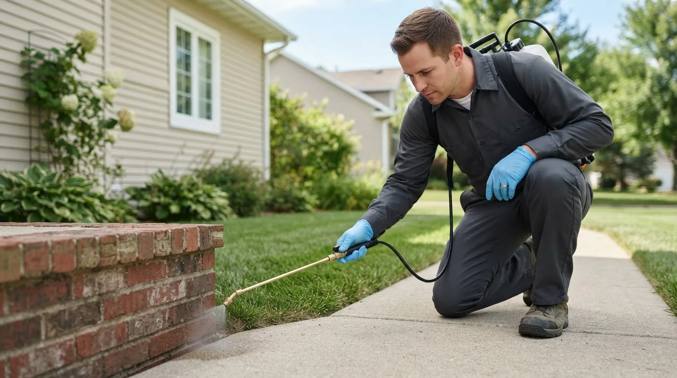 Pest control technician treating a home near Meredith, CO